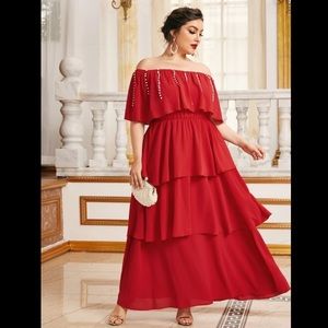 Beaded, off-shoulder, layered, ruffle hem dress.